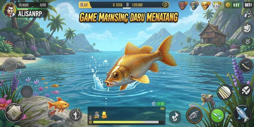Screenshot gameplay ALISANRP menampilkan aksi menangkap ikan yang seru.