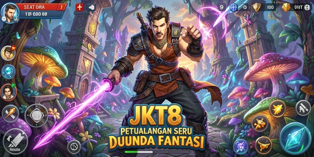 Screenshot JKT8 menampilkan karakter utama dalam aksi petualangan menantang.